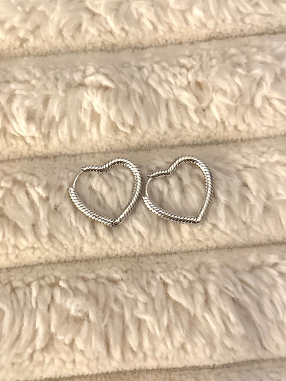Silver Heart Hoop Earrings Textured Rope Design Pandora